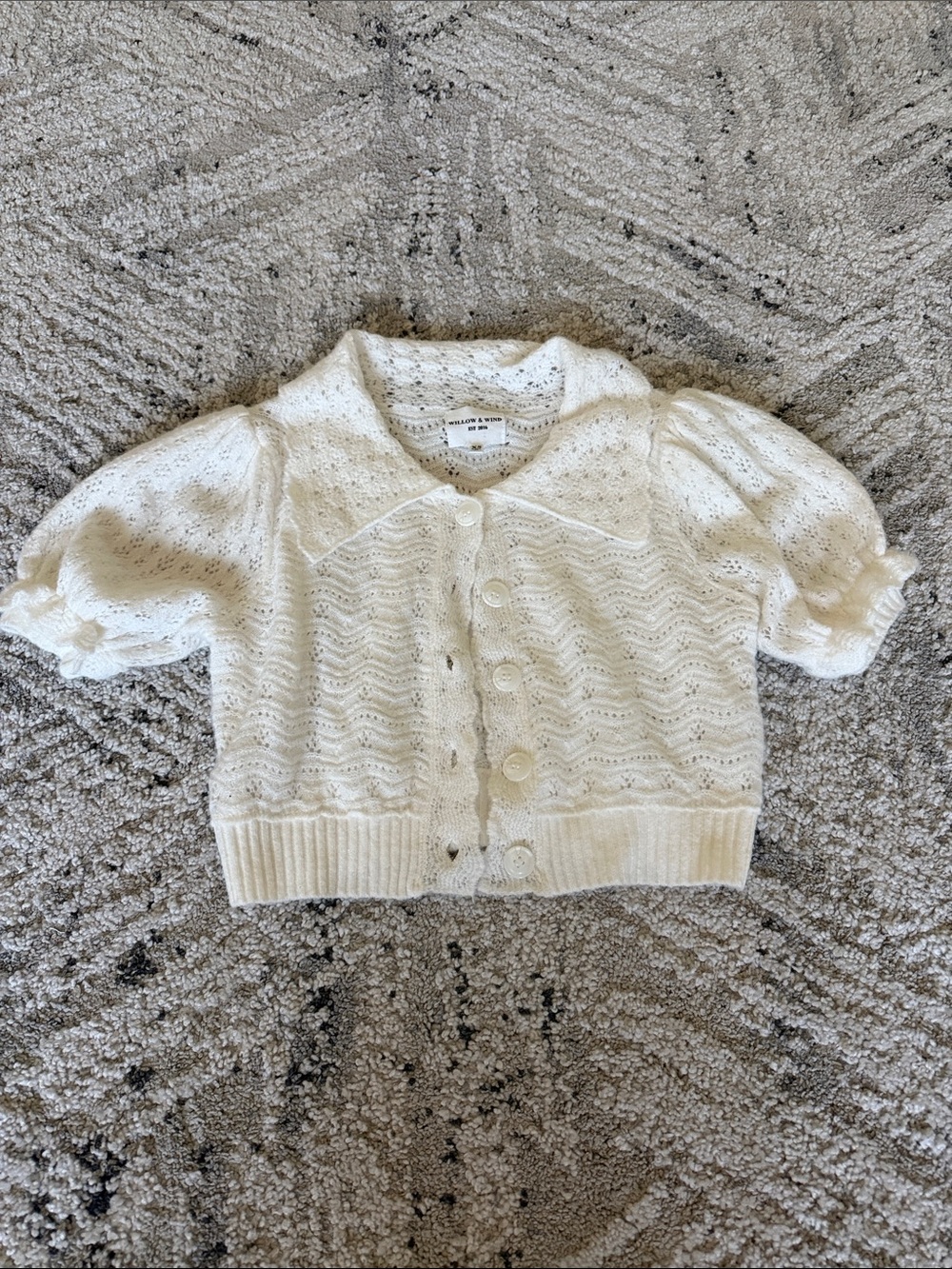 Cropped Cream Knit Button-Up Cardigan with Puff Sleeves